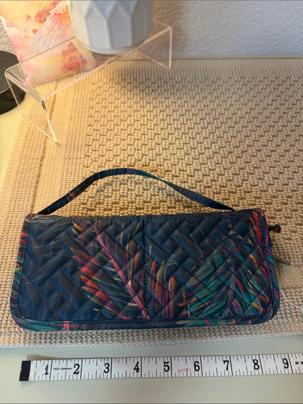 Lug Quilted Navy Wristlet Clutch with Multicolor Leaf Print